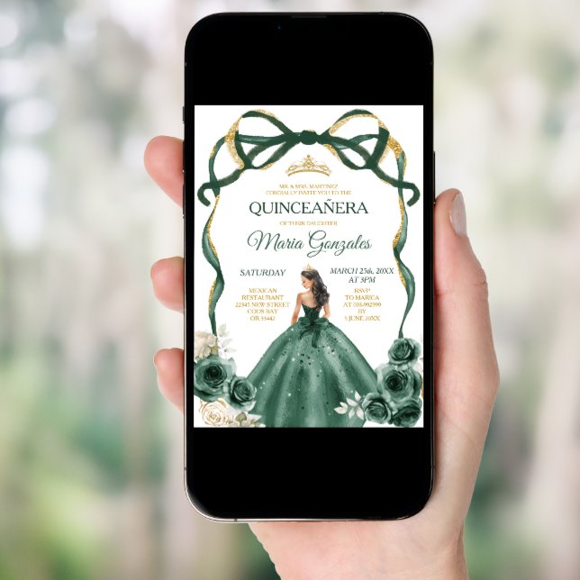 Emerald Green Bow Princess Gold Crown Quinceañera Invitation (Front Digital)