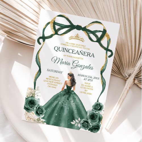 Emerald Green Bow Princess Gold Crown Quinceañera