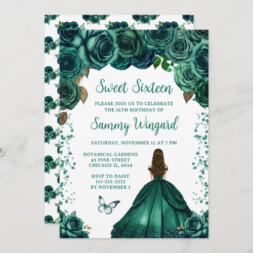 Emerald Green Brown Hair Princess Sweet Sixteen Invitation