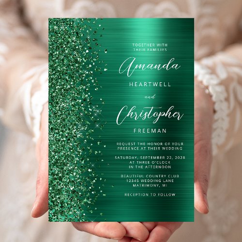 Emerald Green Brushed Metal Glitter Script Wedding Invitation