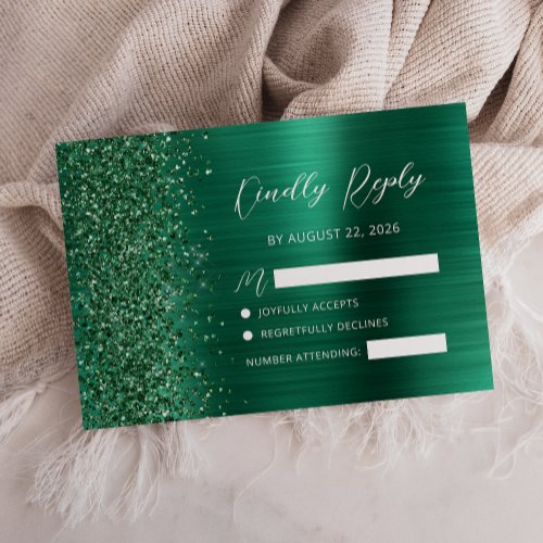 Emerald Green Brushed Metal Glitter Script Wedding RSVP Card