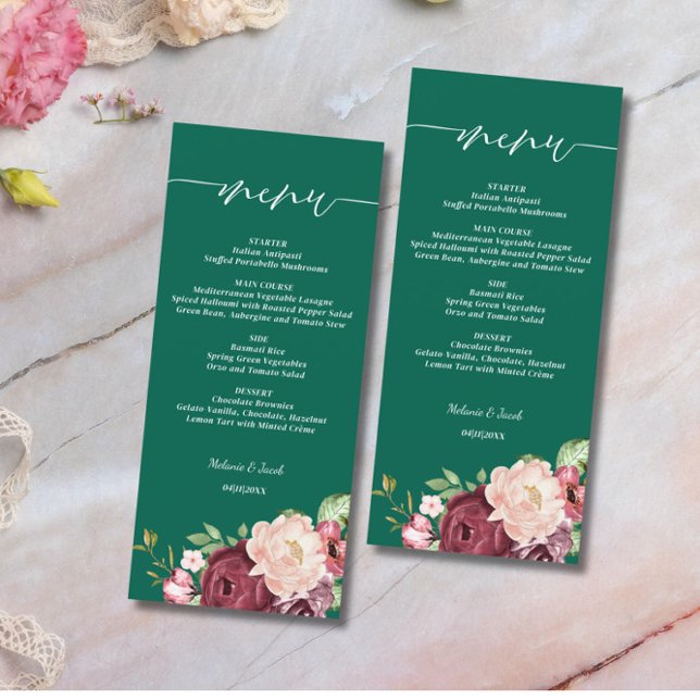 Emerald Green Burgundy Floral Wedding Menu (Creator Uploaded)