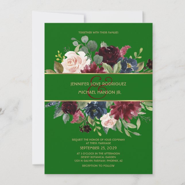 Emerald Green Burgundy Navy Gold Floral Boho Invit Invitation (Front)