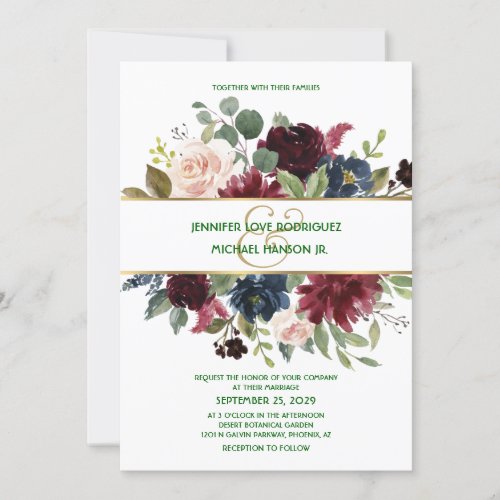 Emerald Green Burgundy Navy Gold Floral Wedding Invitation