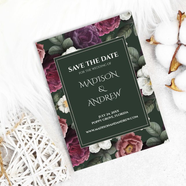Emerald Green Burgundy Peonies Save the Date Card (Emerald Green Burgundy Peonies Save the Date Card on cozy white background with cotton flowers)