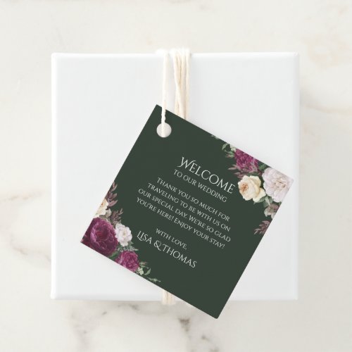 Emerald Green Burgundy Peonies Welcome Gift Tag
