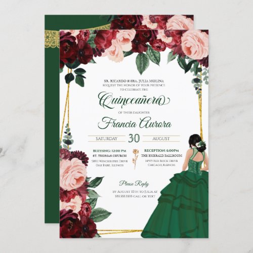 Emerald Green  Burgundy Pink Floral Quinceanera Invitation