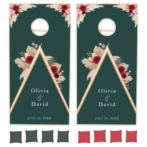 Emerald Green Burgundy Roses Wedding Cornhole Set