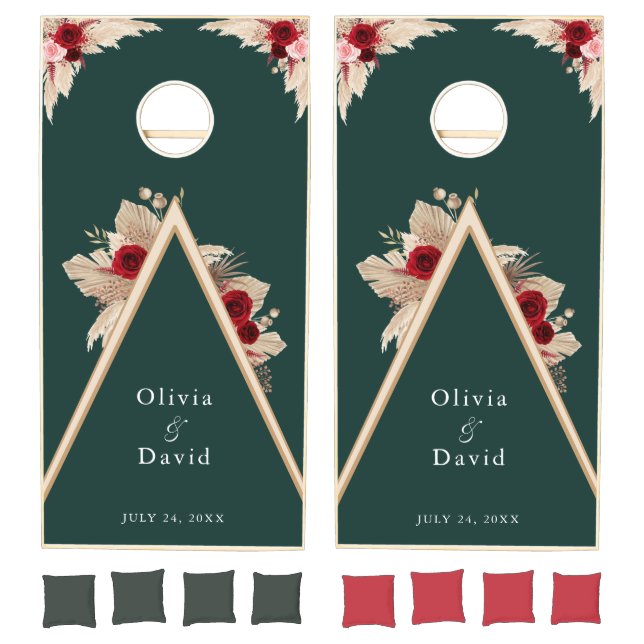 Emerald Green Burgundy Roses Wedding Cornhole Set (Set)