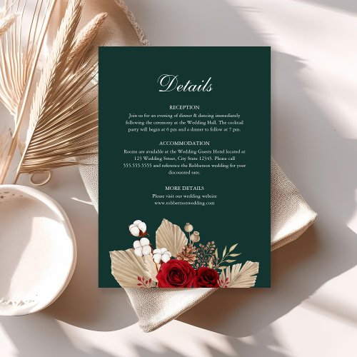 Emerald Green Burgundy Roses Wedding Details Card