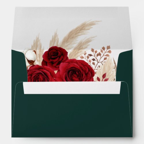 Emerald Green Burgundy Roses Wedding Envelope