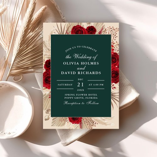 Emerald Green Burgundy Roses Wedding Invitation
