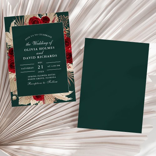 Emerald Green Burgundy Roses Wedding Invitation
