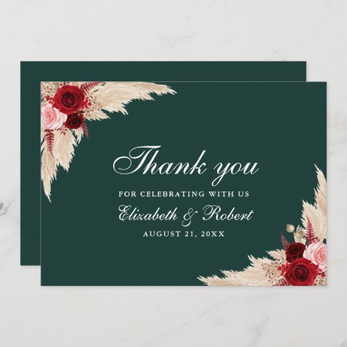 Emerald Green Burgundy Roses Wedding Thank You Card