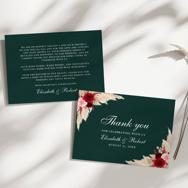 Emerald Green Burgundy Roses Wedding Thank You Card (Emerald Green Burgundy Roses Wedding Thank You Card on a sunny white table.)