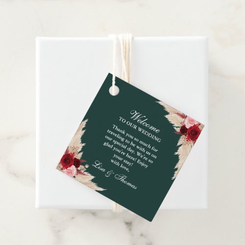 Emerald Green Burgundy Roses Wedding Welcome Favor Tags