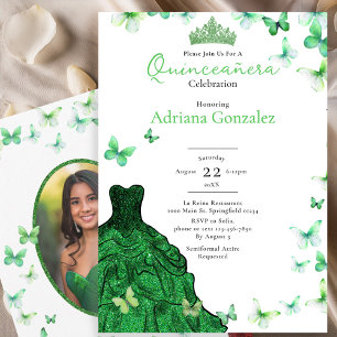 Emerald Green Butterflies Dress Photo Quinceanera Invitation