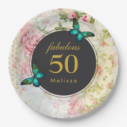 Emerald Green Butterflies on Shabby Pattern Paper Plates