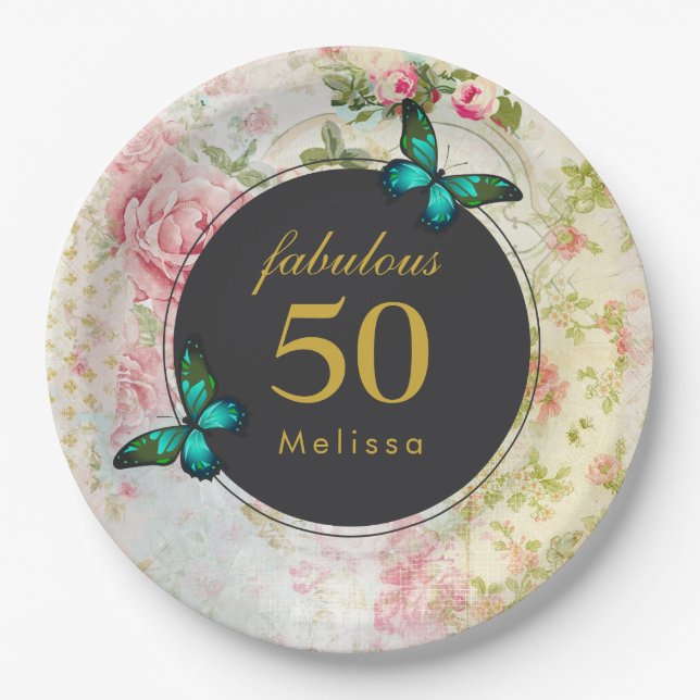 Emerald Green Butterflies on Shabby Pattern Paper Plates (Front)