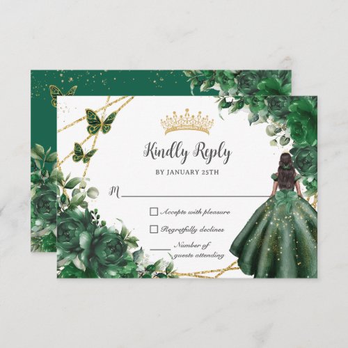 Emerald Green Butterflies Princess Quinceaera RSVP Card