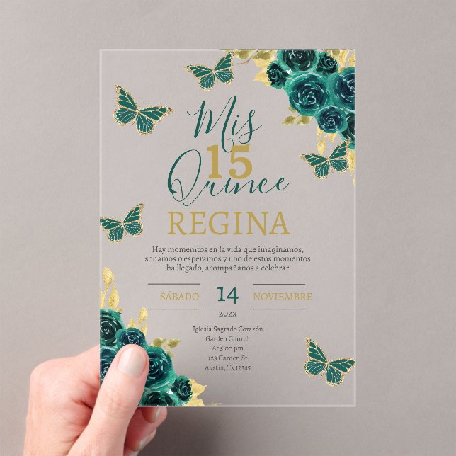 Emerald Green Butterflies Quinceañera Acrylic Invitations (Insitu (Handheld))