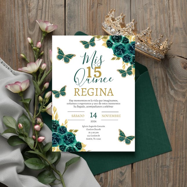Emerald Green Butterflies Quinceañera Invitation (Creator Uploaded)