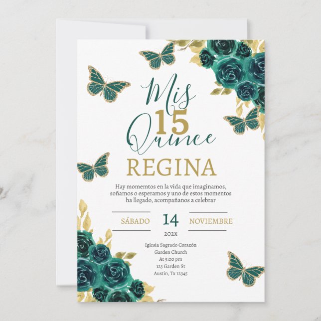 Emerald Green Butterflies Quinceañera Invitation (Front)