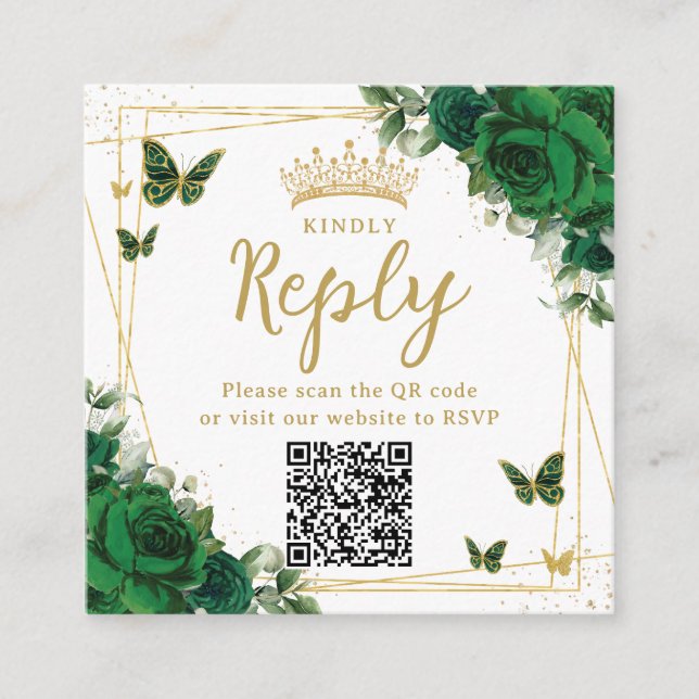 Emerald Green Butterflies Quinceanera RSVP QR Code Enclosure Card (Front)