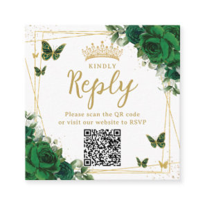 Emerald Green Butterflies Quinceanera RSVP QR Code Enclosure Card