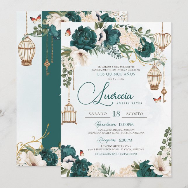 Emerald Green Butterfly Floral Elegant Quinceañera Invitation (Front/Back)