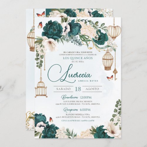 Emerald Green Butterfly Floral Elegant Quinceaera Invitation
