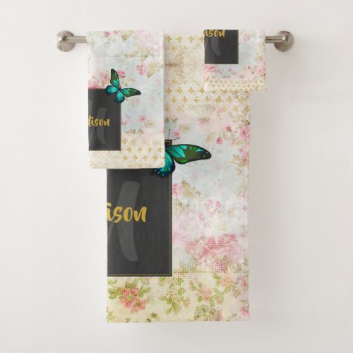 Emerald Green Butterfly on Chic Vintage Collage Bath Towel Set
