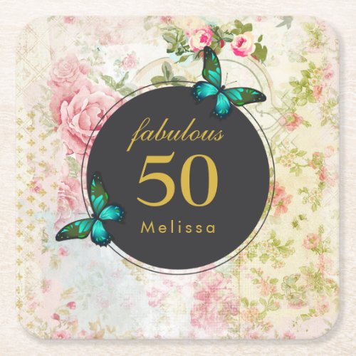 Emerald Green Butterfly on Chic Vintage Collage Square Paper Coaster