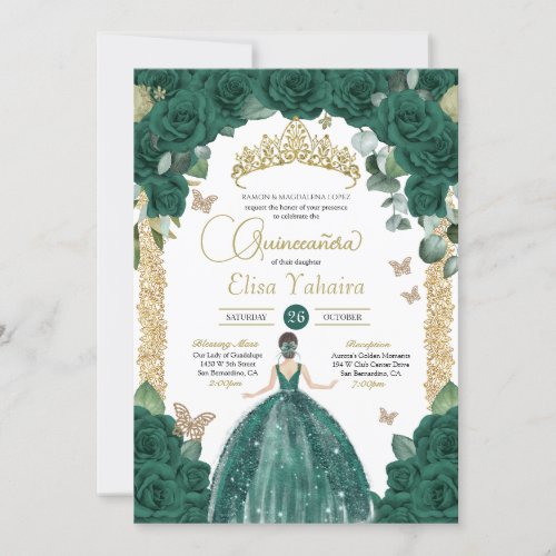 Emerald Green Butterfly Princess Quinceanera Invitation