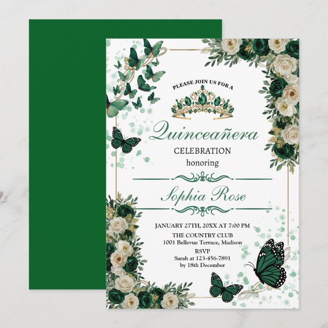 ​Emerald Green Butterfly Quinceañera Invitation (Front/Back)