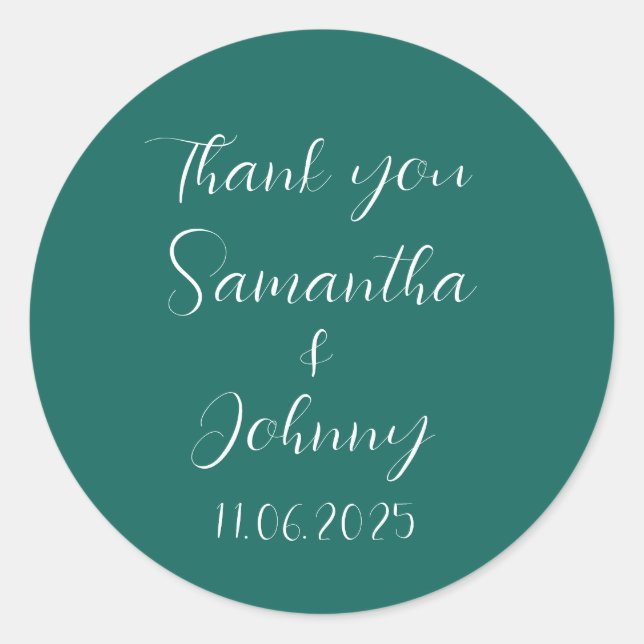 Emerald Green Calligraphy Elegant Couple Wedding  Classic Round Sticker (Front)