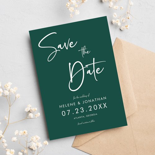 Emerald Green Calligraphy Minimal Wedding Save The Date