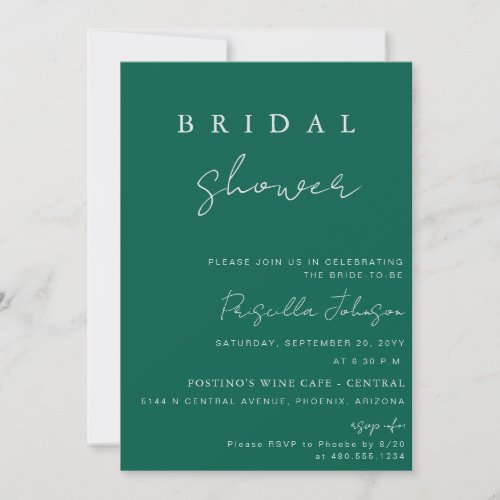 Emerald Green Calligraphy Script Bridal Shower Invitation