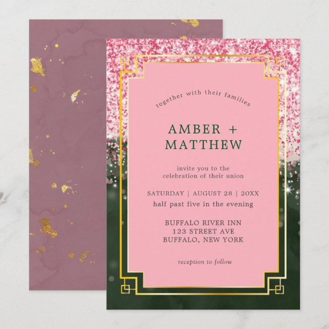 Emerald Green Canyon Rose Art Deco Wedding Invites (Front/Back)
