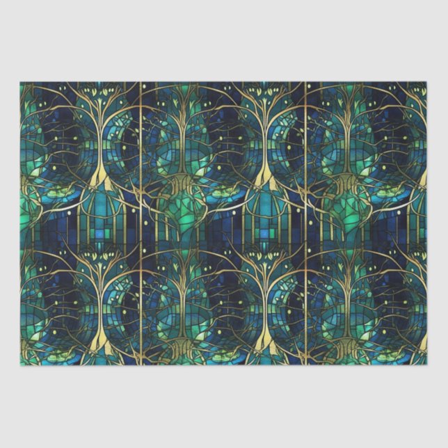 Emerald Green Celestial Tree Stained Glass Pattern Tissue Paper (Front)
