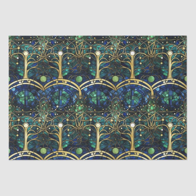 Emerald Green Celestial Tree Stained Glass Pattern Tissue Paper (Front)