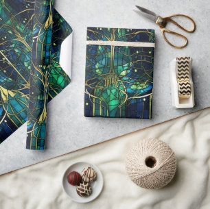 Emerald Green Celestial Tree Stained Glass Pattern Wrapping Paper