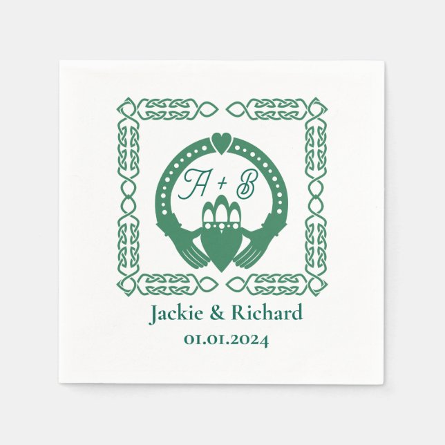 Emerald Green Celtic Knot Claddagh Wedding Napkins (Front)