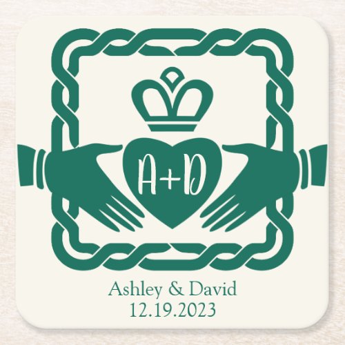 Emerald Green Celtic Knot Claddagh Wedding  Square Paper Coaster