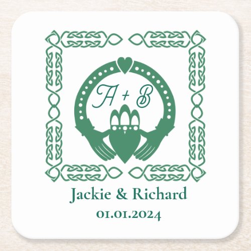 Emerald Green Celtic Knot Claddagh Wedding Square Paper Coaster