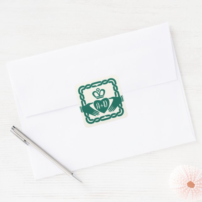 Emerald Green Celtic Knot Claddagh Wedding  Square Sticker (Envelope)