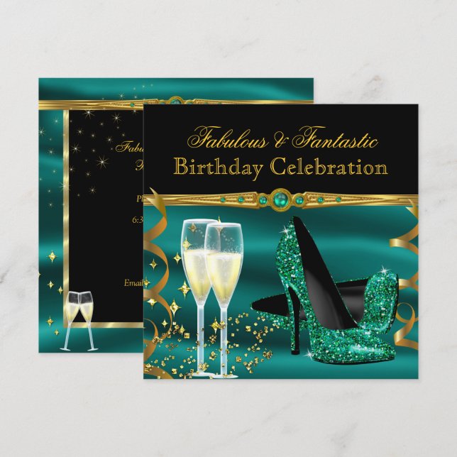 Emerald Green Champagne Heels Birthday Party Invitation (Front/Back)