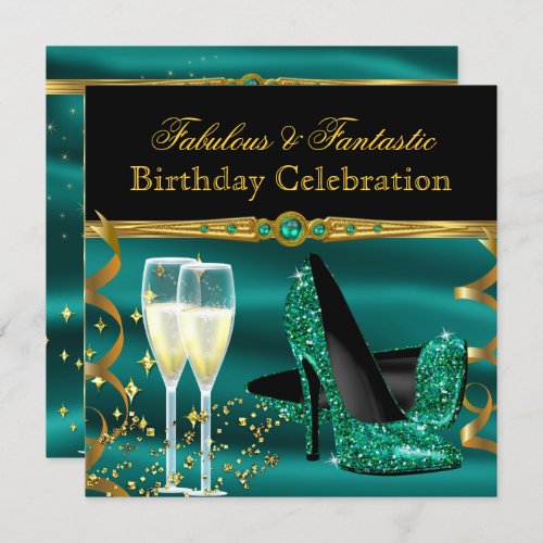 Emerald Green Champagne Heels Birthday Party Invitation