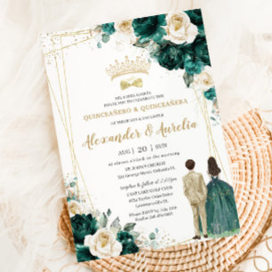 Emerald Green Champagne Twins Boy Girl Quinceañera Invitation