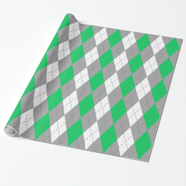Emerald Green Charcoal Dk Gray Wht XL Argyle Wrapping Paper (Unrolled)
